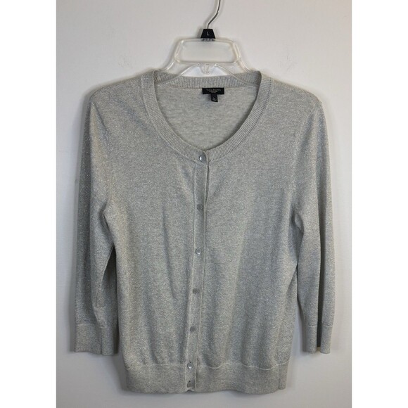 TALBOTS Silver Metallic Button Front Cardigan Women Large Petite Sparkle Sweater - Picture 1 of 3